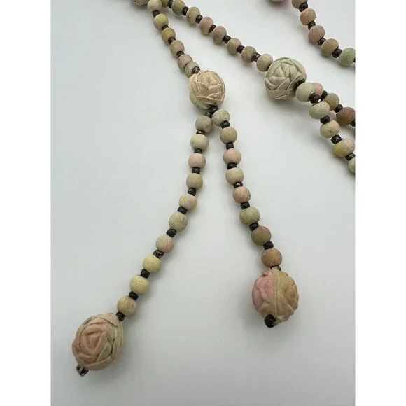 Antique Art Deco real pressed rose petals pink beaded sautoir tassel necklace